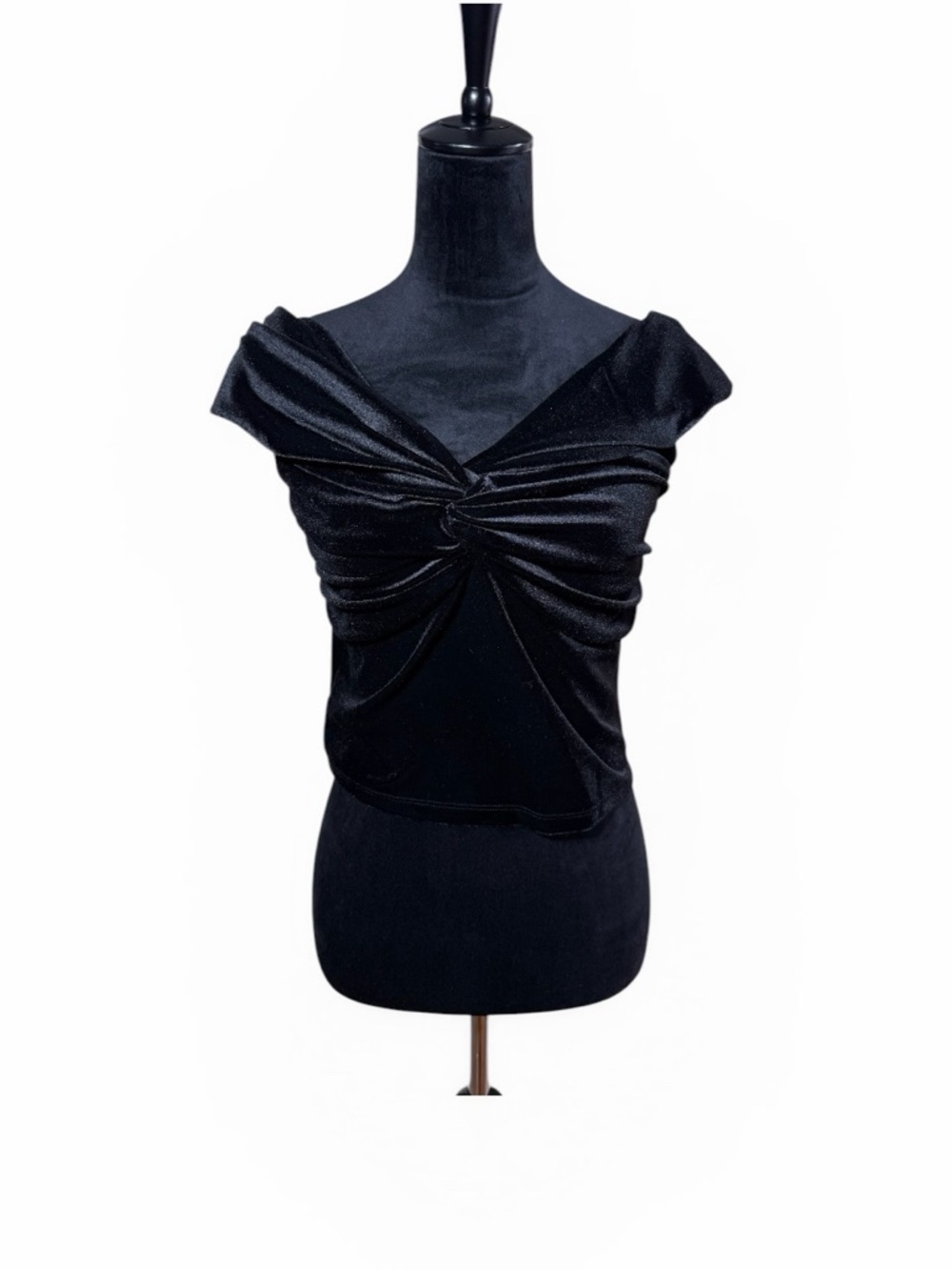 NWT Good American Black Velvet Off Shoulder Twist Front Crop Top Medium